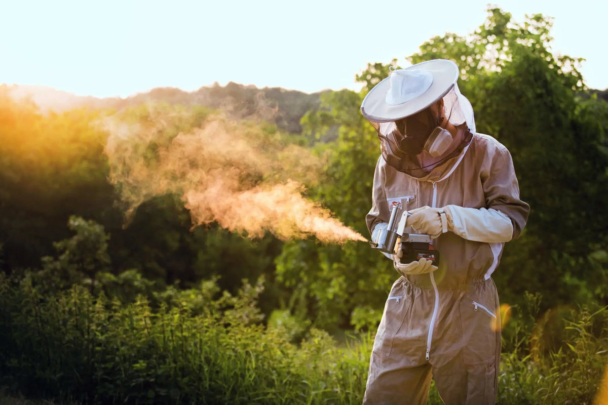 Beekeeper in protective clothing operating a cordless InstantVap oxalic acid vaporiser outdoors