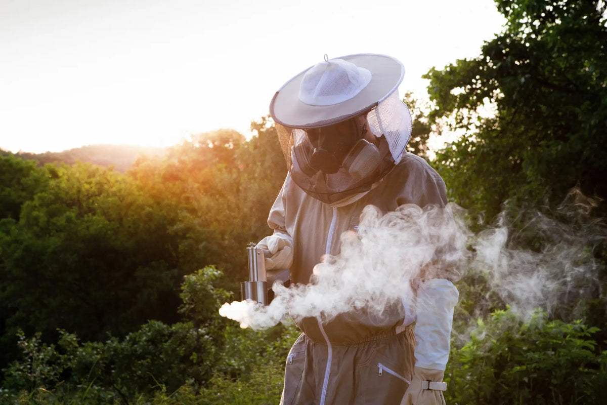 Beekeeper wearing protective equipment while using an InstantVap oxalic acid vaporiser